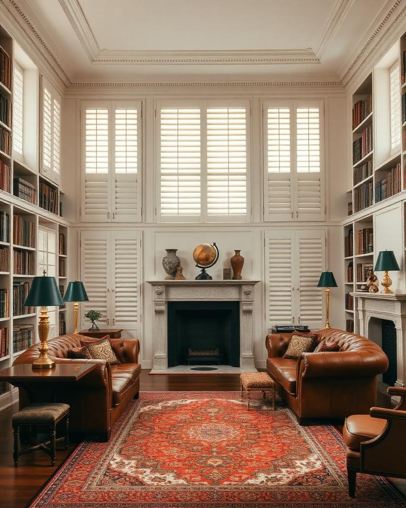 Grand southern library with white plantation shutters